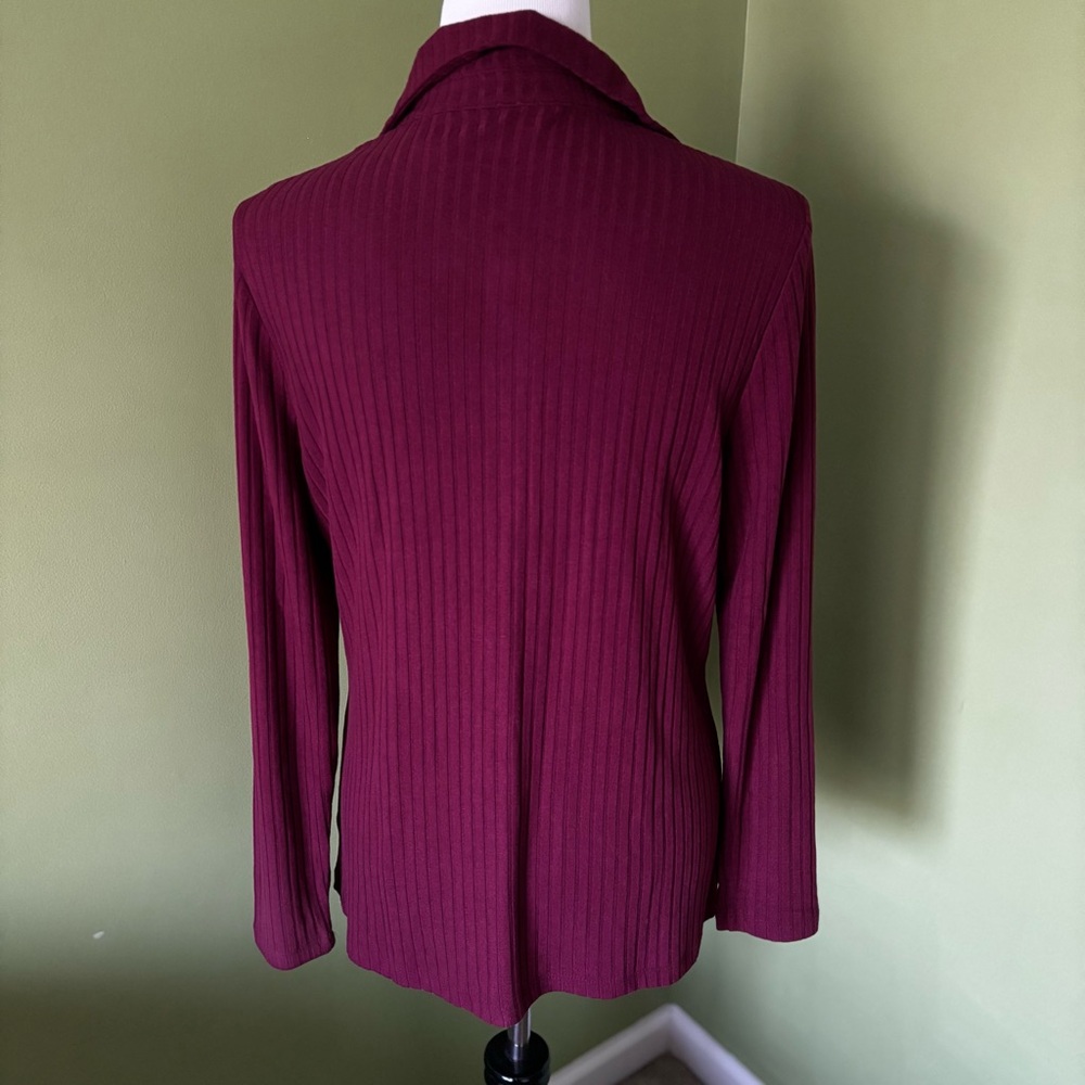 Lands' End Women's Burgundy Long Sleeve Wide Rib Button Front Polo Shirt - Picture 3 of 5